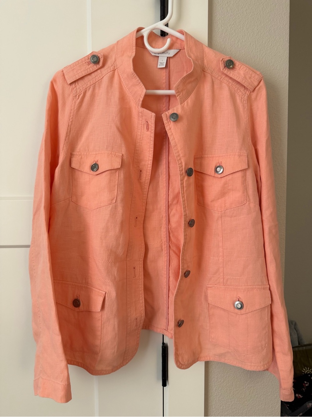 Women’s Lightweight Coral/peach Utility Jacket 100% Linen size large - Picture 1 of 6